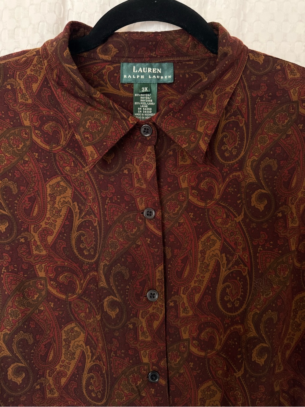 Lauren Ralph Lauren 3X Brown Paisley Rayon Wool Button Down Blouse - Picture 6 of 7